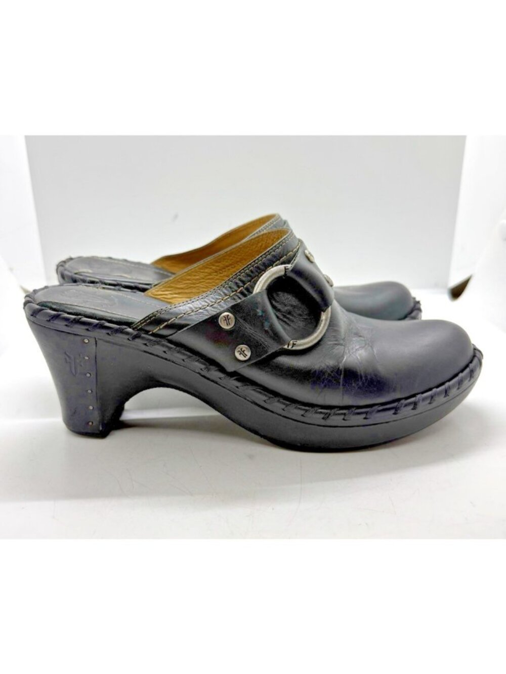 Frye Charlotte Ring Mule Women's Sz 9 Black Leather Harness Slip On Clog 70770